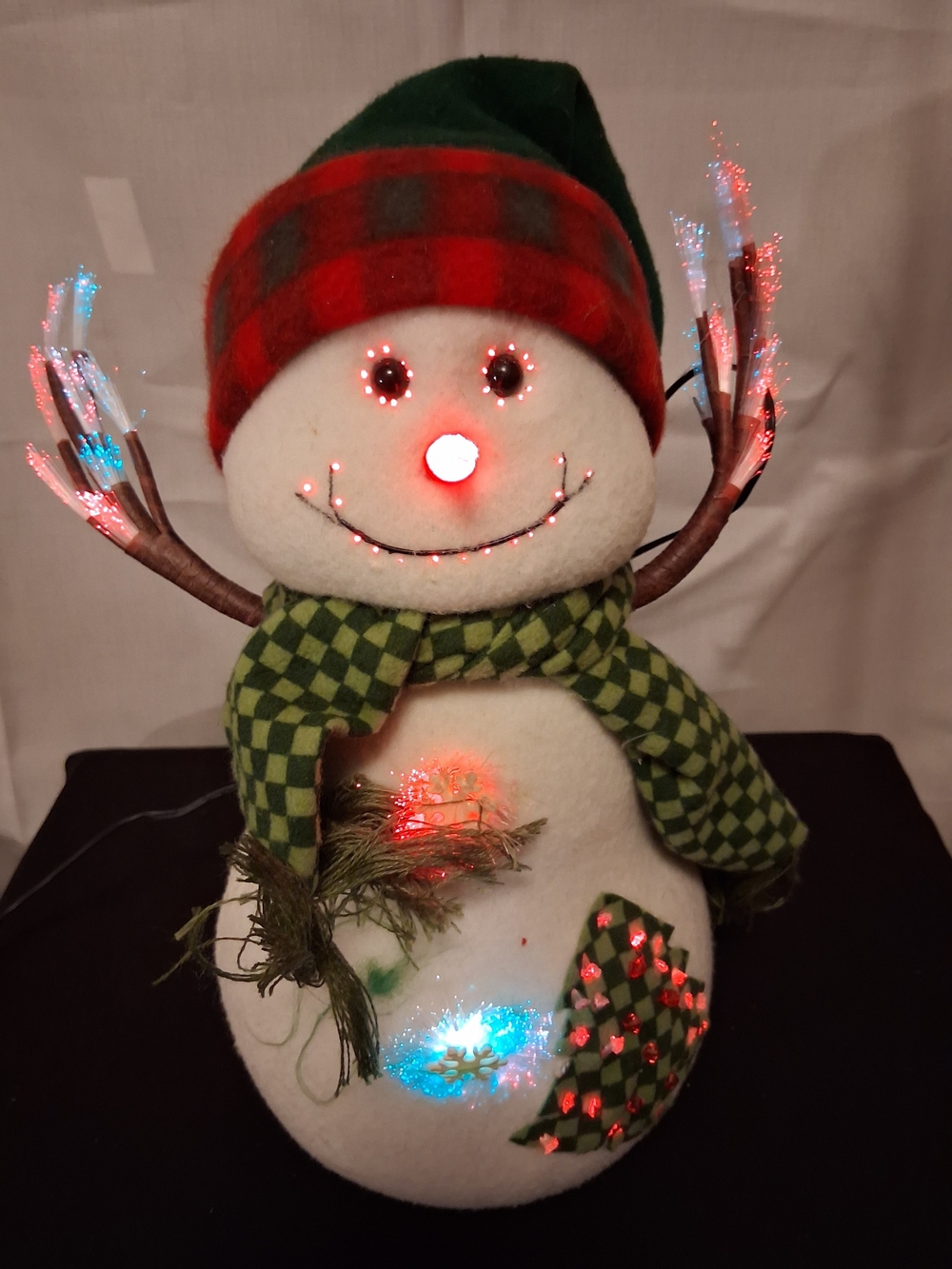 Festive White Snowman Figurine with Green Plaid Hat and Scarf